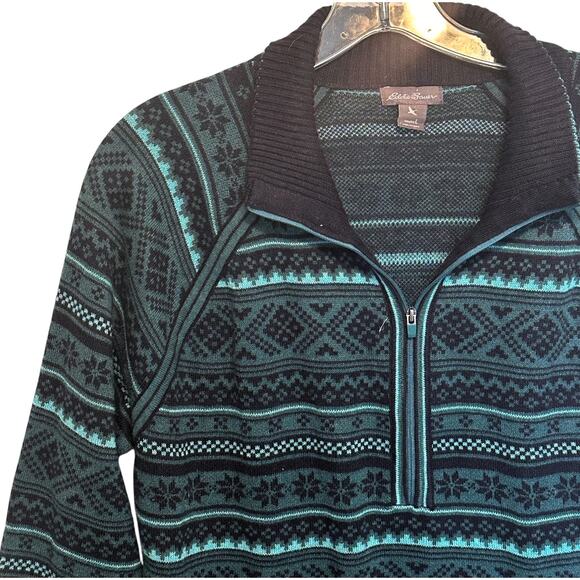 Eddie Bauer 1/4 Zip Fair Isle Sweater Womens Large Navy Teal Snowflake Nordic - Picture 3 of 8